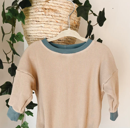 Blue Ribbing - Cream Waffle Sweater