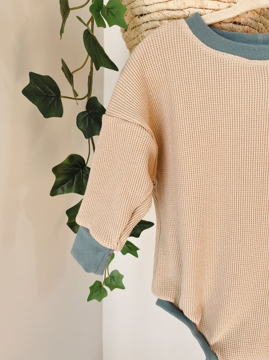 Blue Ribbing - Cream Waffle Sweater Romper