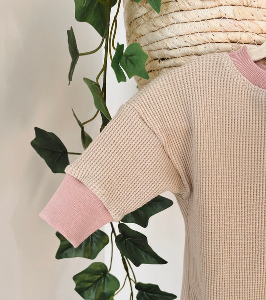 Pink Ribbing - Cream Waffle Sweater