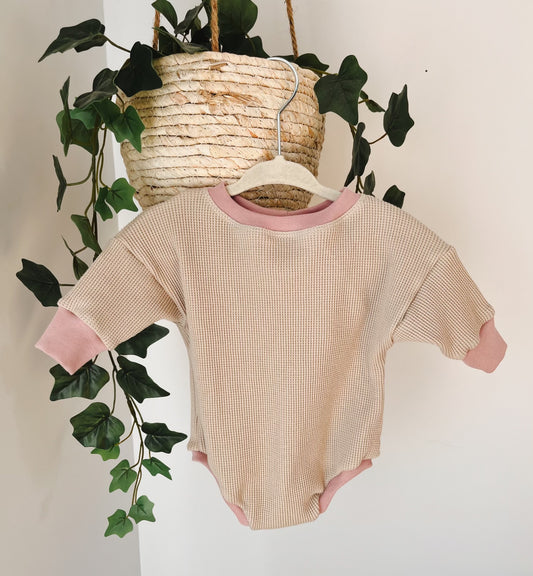 Pink Ribbing - Cream Waffle Sweater Romper