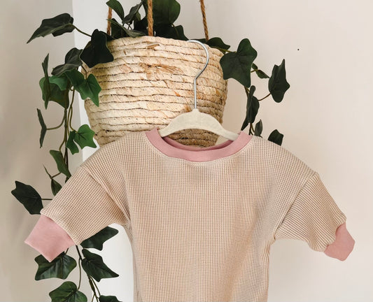 Pink Ribbing - Cream Waffle Sweater