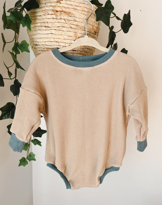 Blue Ribbing - Cream Waffle Sweater Romper