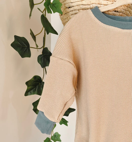 Blue Ribbing - Cream Waffle Sweater