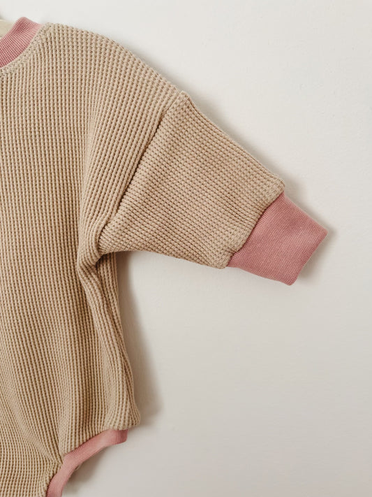 Pink Ribbing - Cream Waffle Sweater Romper